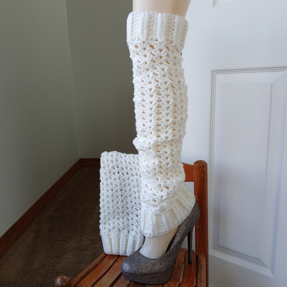 White Leg Warmers OSFM crochet warm thick chunky over the knee dance premade
